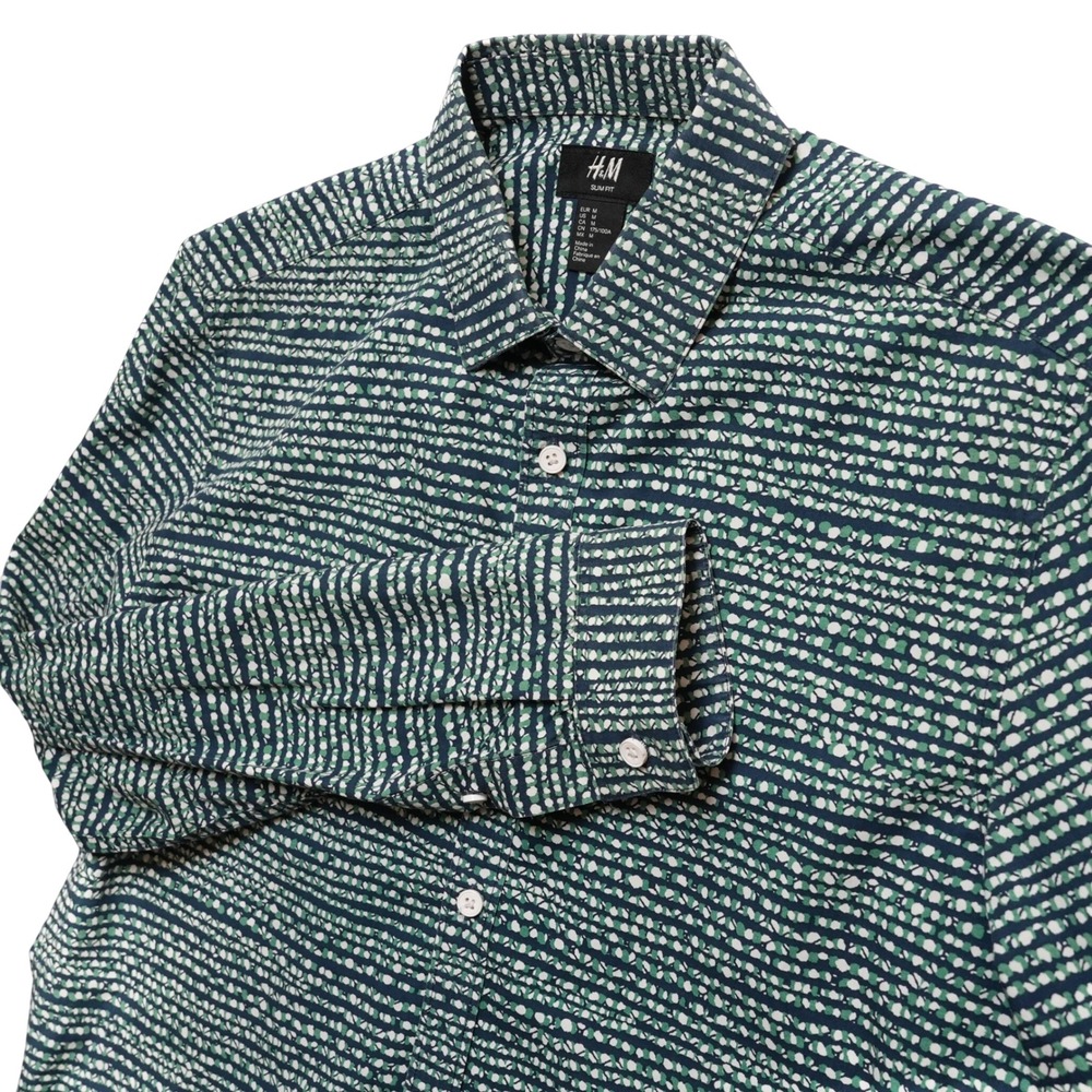 H&M Mens Medium Green Geometric Striped Slim Fit Long Sleeve Shirt‎